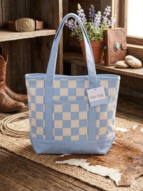 Canvas Checkerboard Tote Bag - Light Blue & Cream
SOLD